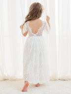 A-Linien-Spitze Knöchellanges Elfenbein Boho Blumenmädchenkleid 