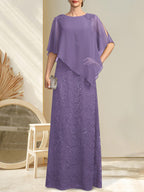 Vestido de madre de la novia de gasa con encaje, escote redondo y largo hasta el suelo, con lentejuelas y abalorios