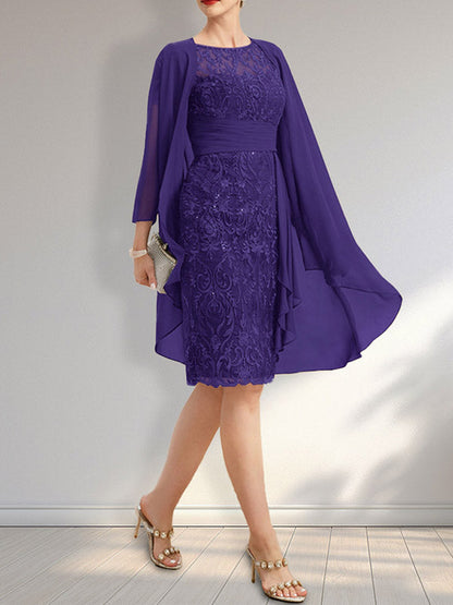 Vestido de madre de la novia de gasa con encaje, escote redondo, ilusión, largo hasta la rodilla, con volantes en cascada y lentejuelas