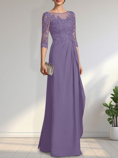 Vestido de gasa para madre de la novia con encaje, corte A, escote redondo, ilusión, largo hasta el suelo, con lentejuelas y abalorios y volantes en cascada