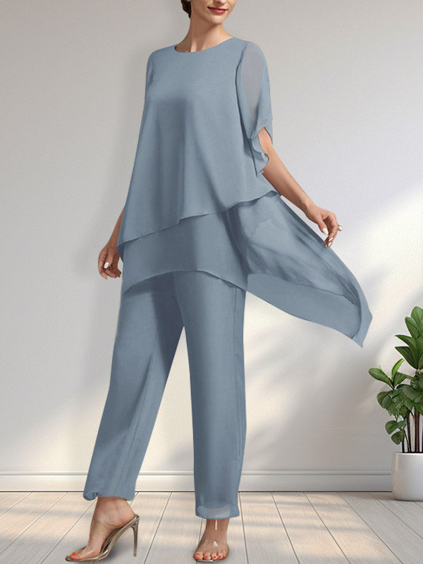 Vestido de gasa para madre de la novia, con escote redondo y largo hasta los tobillos, de mono/pantalón separado