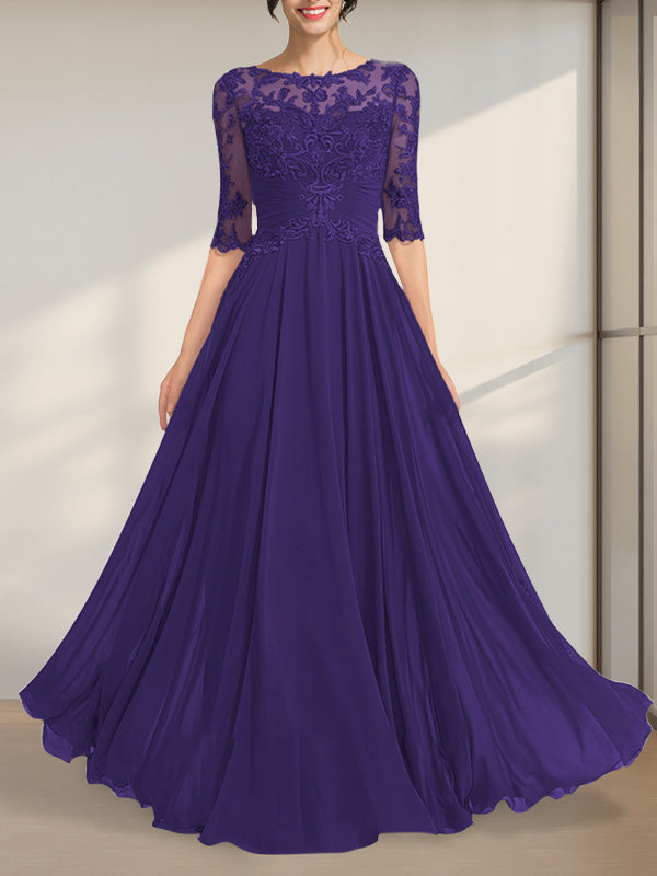Vestido de gasa de encaje con escote en A y ilusión hasta el suelo para madre de la novia con lentejuelas plisadas