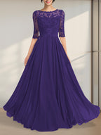 Vestido de gasa de encaje con escote en A y ilusión hasta el suelo para madre de la novia con lentejuelas plisadas