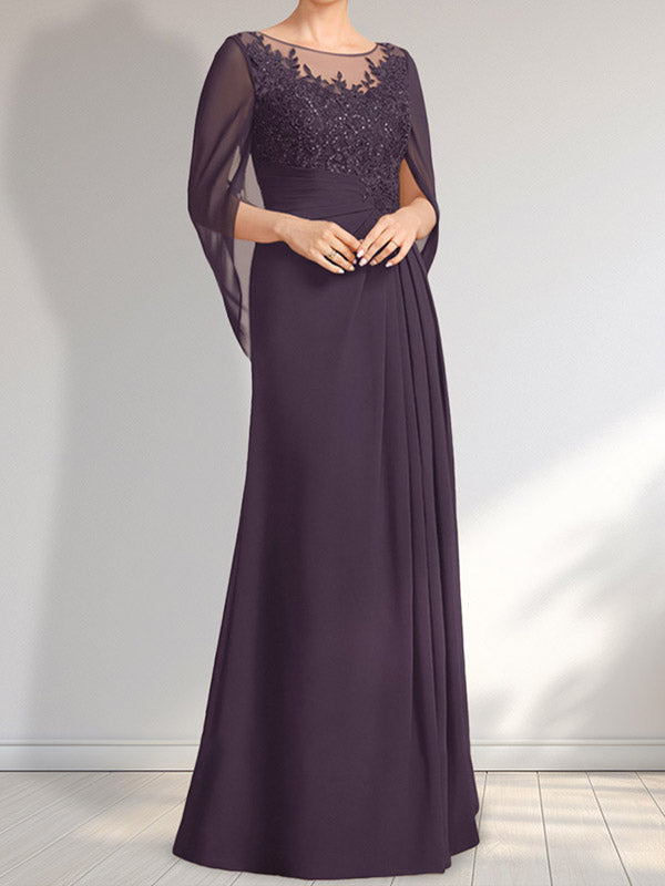 Vestido de gasa con encaje, ilusión, corte A, largo hasta el suelo, para madre de la novia con lentejuelas plisadas