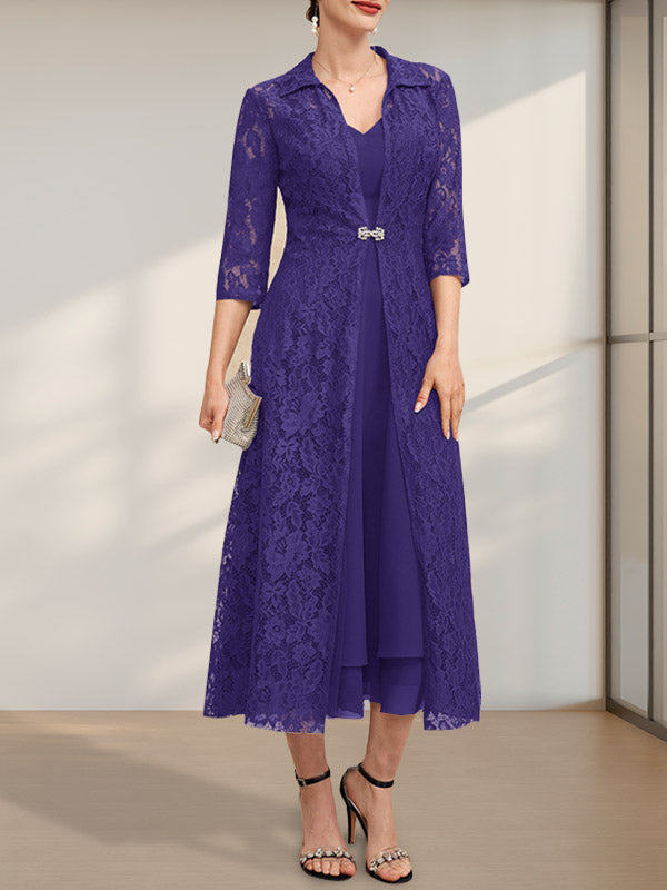 A-Linie V-Ausschnitt Wadenlanges Chiffonkleid für die Brautmutter