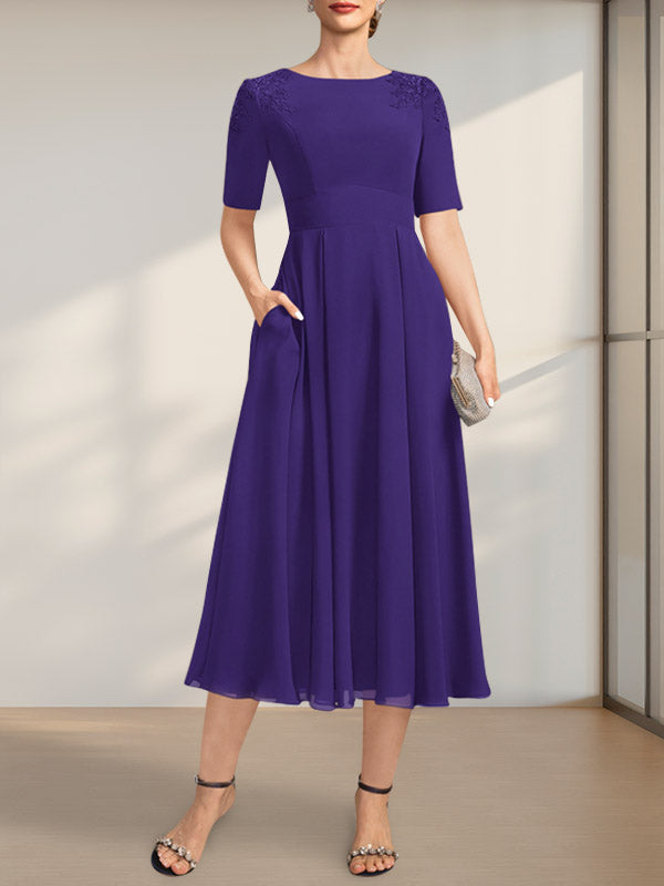 Vestido de gasa para madre de la novia, corte A, escote redondo, largo hasta la rodilla, con apliques de encaje y lentejuelas