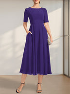 Vestido de gasa para madre de la novia, corte A, escote redondo, largo hasta la rodilla, con apliques de encaje y lentejuelas