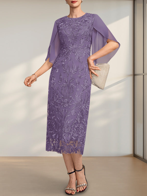 Vestido para madre de la novia de gasa con encaje, corte tubo, escote redondo y largo hasta la rodilla