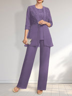 Jumpsuit/Pantsuit Separates Scoop Floor-Length Chiffon Lace Mother of the Bride Dress With Sequins
