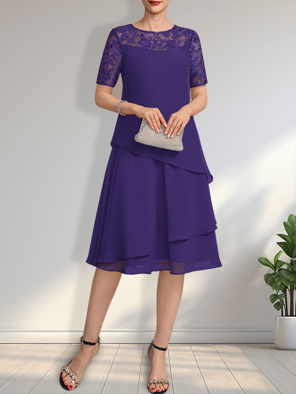 Vestido de gasa con encaje y lentejuelas para madre de la novia, corte A, escote ilusión, largo hasta la rodilla