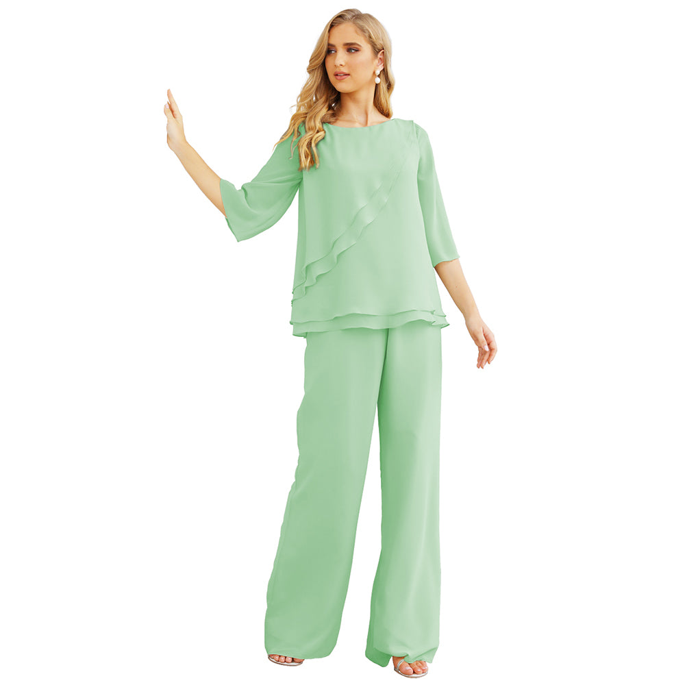 Vestido de gasa para madre de la novia Sunnderly, talla grande, trajes de pantalón con capas con volantes 