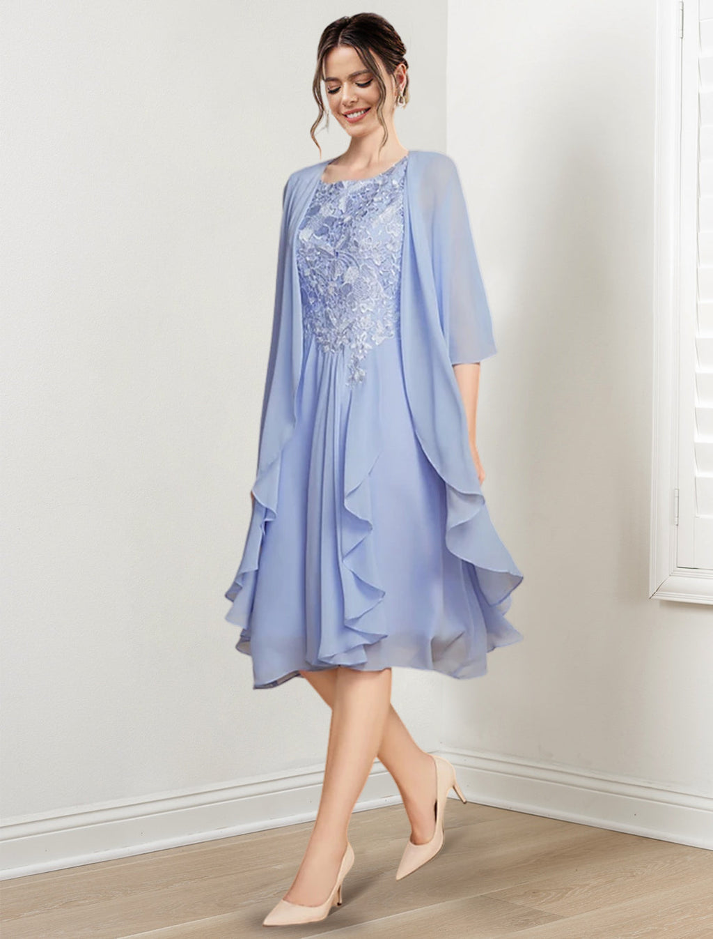 Vestidos de madre de la novia de corte A/princesa con escote redondo y largo hasta la rodilla
