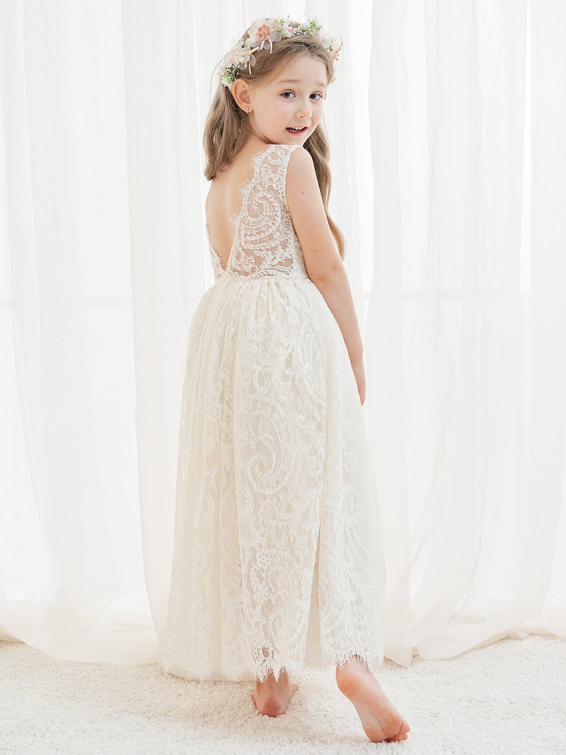 A-line Lace Ankle-length Ivory Boho Flower Girl Dress