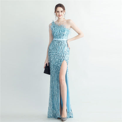 Heavy Industry Ostrich Hair Craft Bundle Hair Evening Dress with Oblique Shoulder Slit