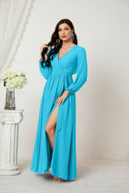 Vestidos de noche Sunnderly con escote en V profundo, gasa, para dama de honor, manga larga de obispo, abertura lateral, vestido formal SY2806 