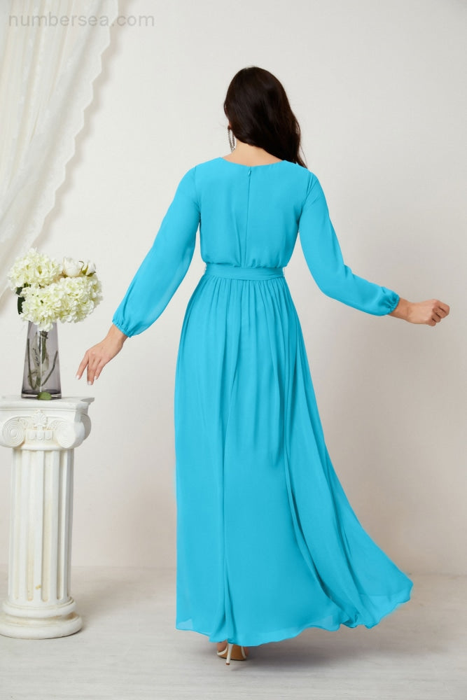 Vestidos de noche Sunnderly con escote en V profundo, gasa, para dama de honor, manga larga de obispo, abertura lateral, vestido formal SY2806 