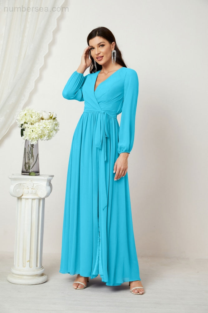 Vestidos de noche Sunnderly con escote en V profundo, gasa, para dama de honor, manga larga de obispo, abertura lateral, vestido formal SY2806 