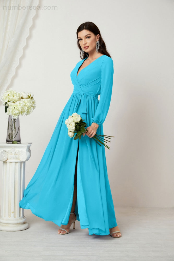 Vestidos de noche Sunnderly con escote en V profundo, gasa, para dama de honor, manga larga de obispo, abertura lateral, vestido formal SY2806 