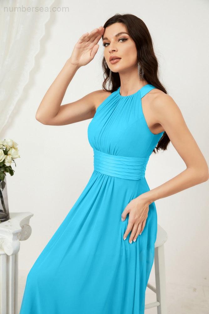 Vestido formal de fiesta Sunnderly de gasa con cuello halter, largo y sin mangas, para dama de honor SY2802 