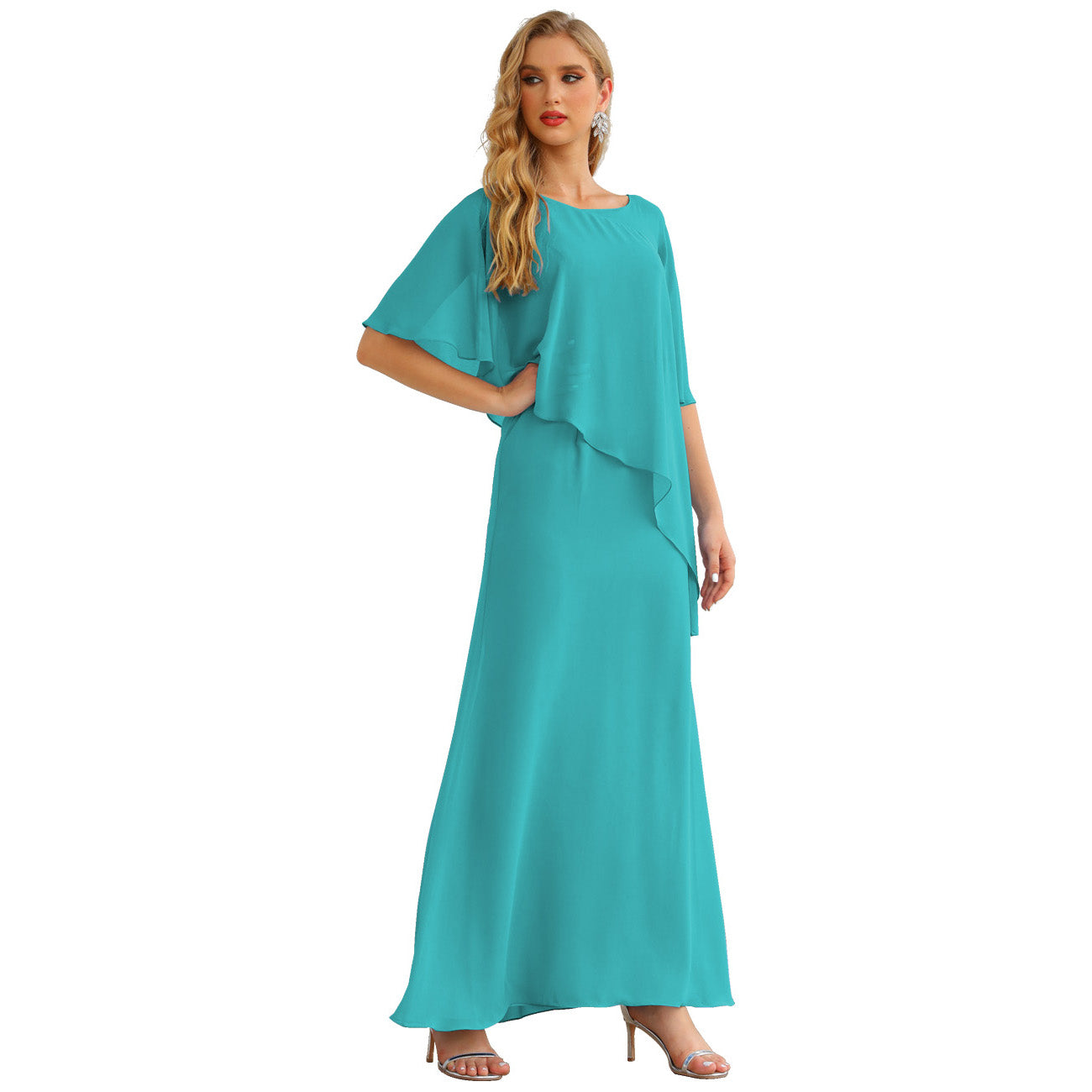 Sunnderly Chiffon Plus Size Mother of The Bride Dresses Formal Prom Gown Ruffle Cape