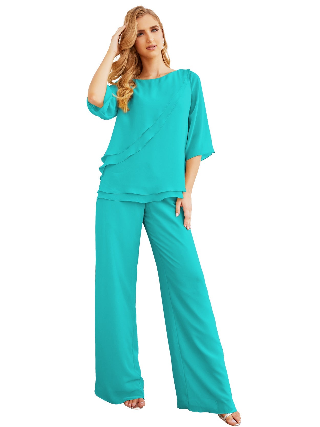 Elegante vestido de dos piezas para madre de la novia, talla grande, pantalón, capas con volantes, bata plateada SY28064 