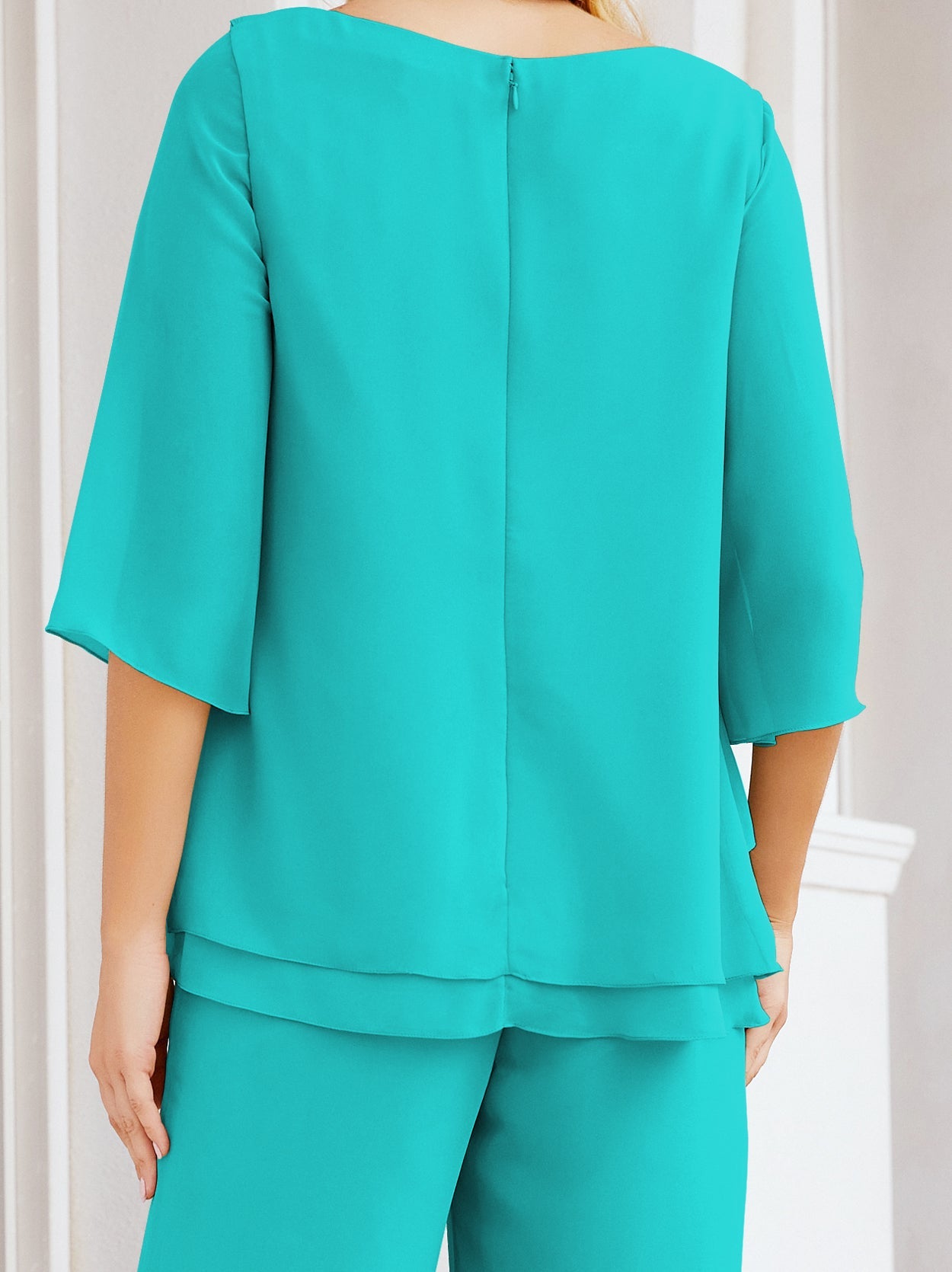 Elegante vestido de dos piezas para madre de la novia, talla grande, pantalón, capas con volantes, bata plateada SY28064 