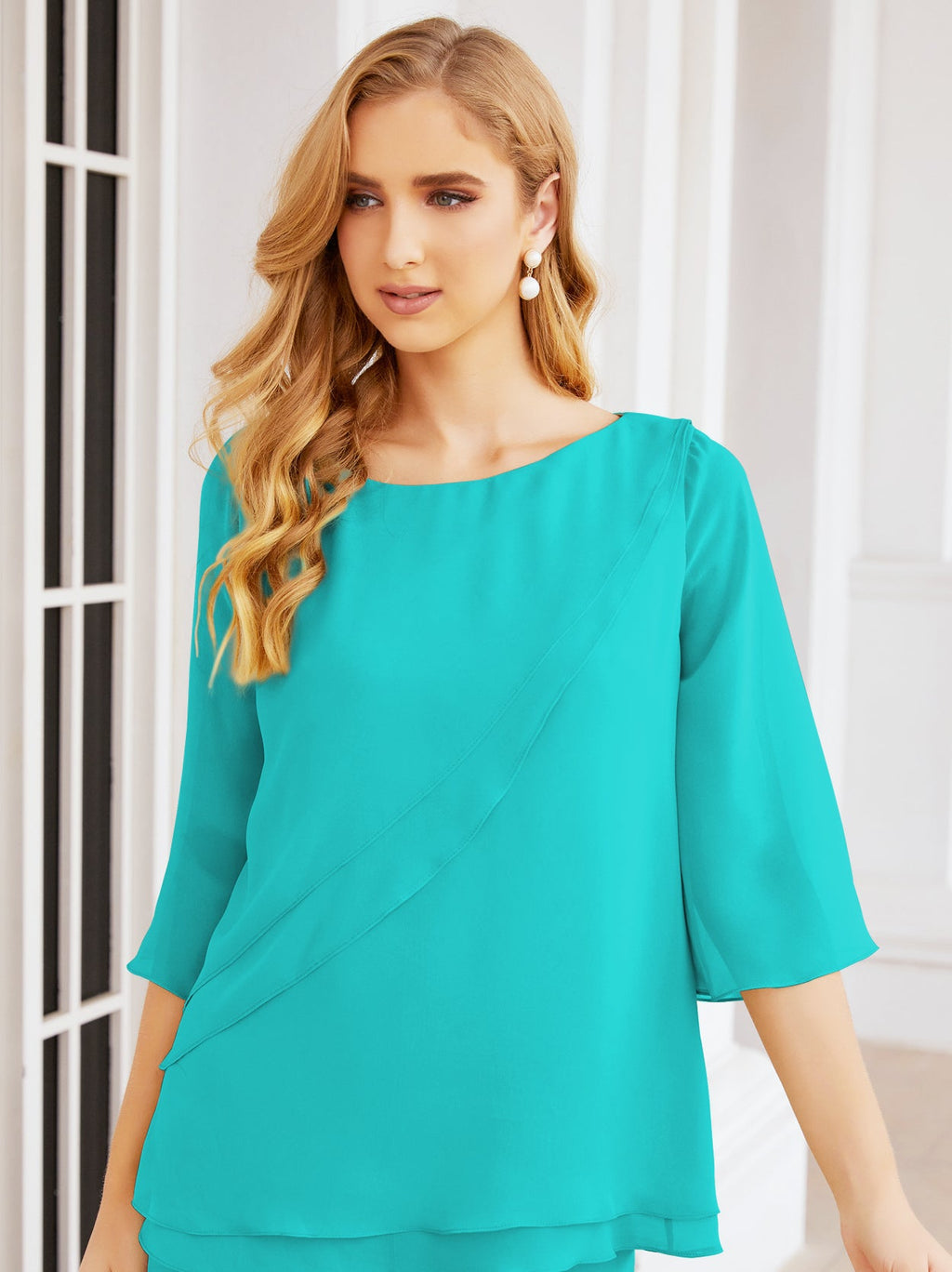 Elegante vestido de dos piezas para madre de la novia, talla grande, pantalón, capas con volantes, bata plateada SY28064 