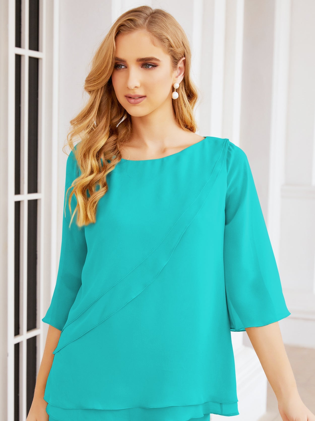 Elegante vestido de dos piezas para madre de la novia, talla grande, pantalón, capas con volantes, bata plateada SY28064 
