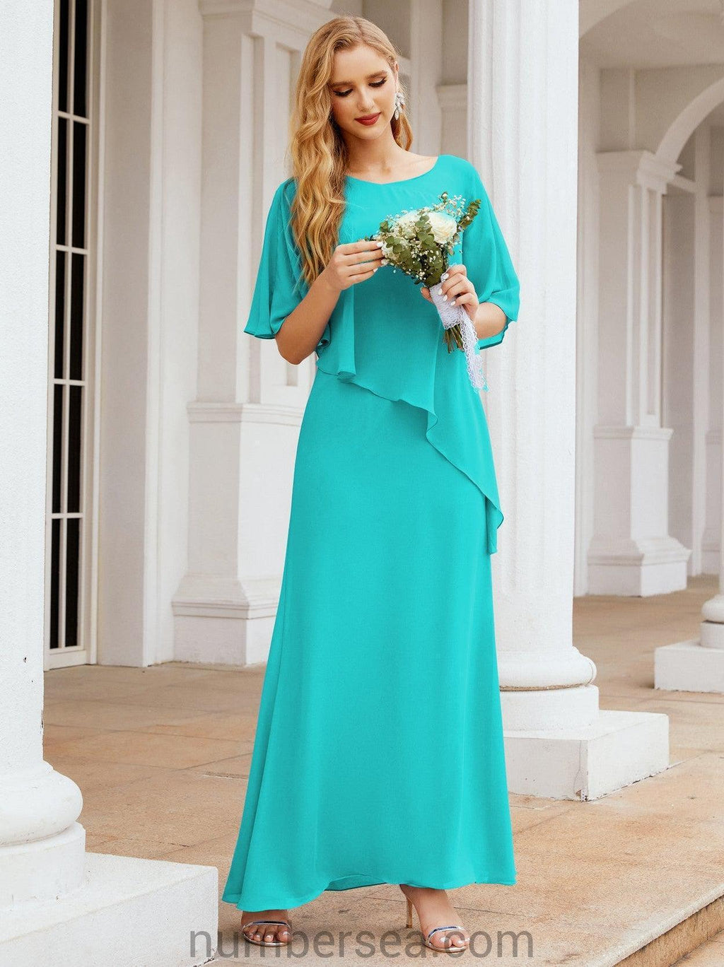 Vestido formal de fiesta Sunnderly, largo, para madre de la novia, con capa con volantes, SY28026 