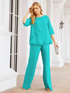 Elegante vestido de dos piezas para madre de la novia, talla grande, pantalón, capas con volantes, bata plateada SY28064 