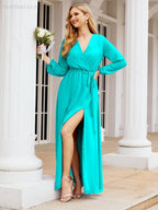 Sunnderly Women's Chiffon Bridesmaid Dress A line Long Sleeves Formal Evening Prom Gown for Wedding Guest SY28032