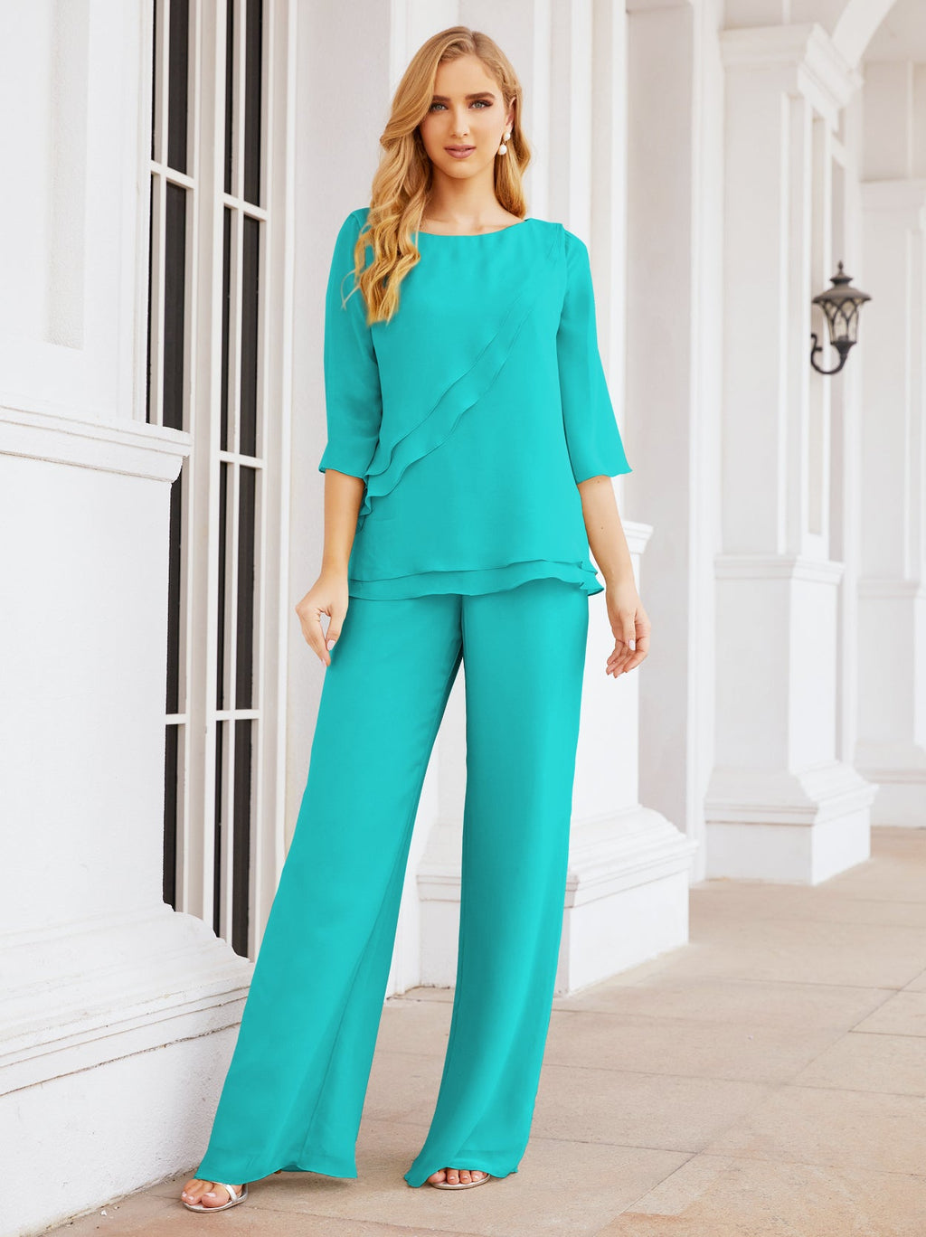 Elegante vestido de dos piezas para madre de la novia, talla grande, pantalón, capas con volantes, bata plateada SY28064 