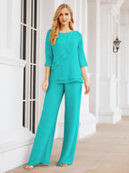 Elegante vestido de dos piezas para madre de la novia, talla grande, pantalón, capas con volantes, bata plateada SY28064 