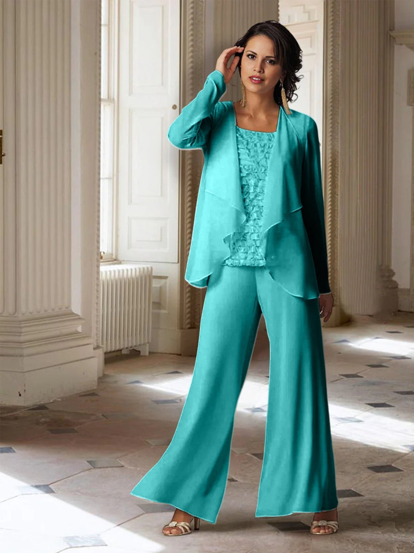 Chiffon-Hosenanzüge mit langen Ärmeln für die Mutter der Braut mit Jacke 
