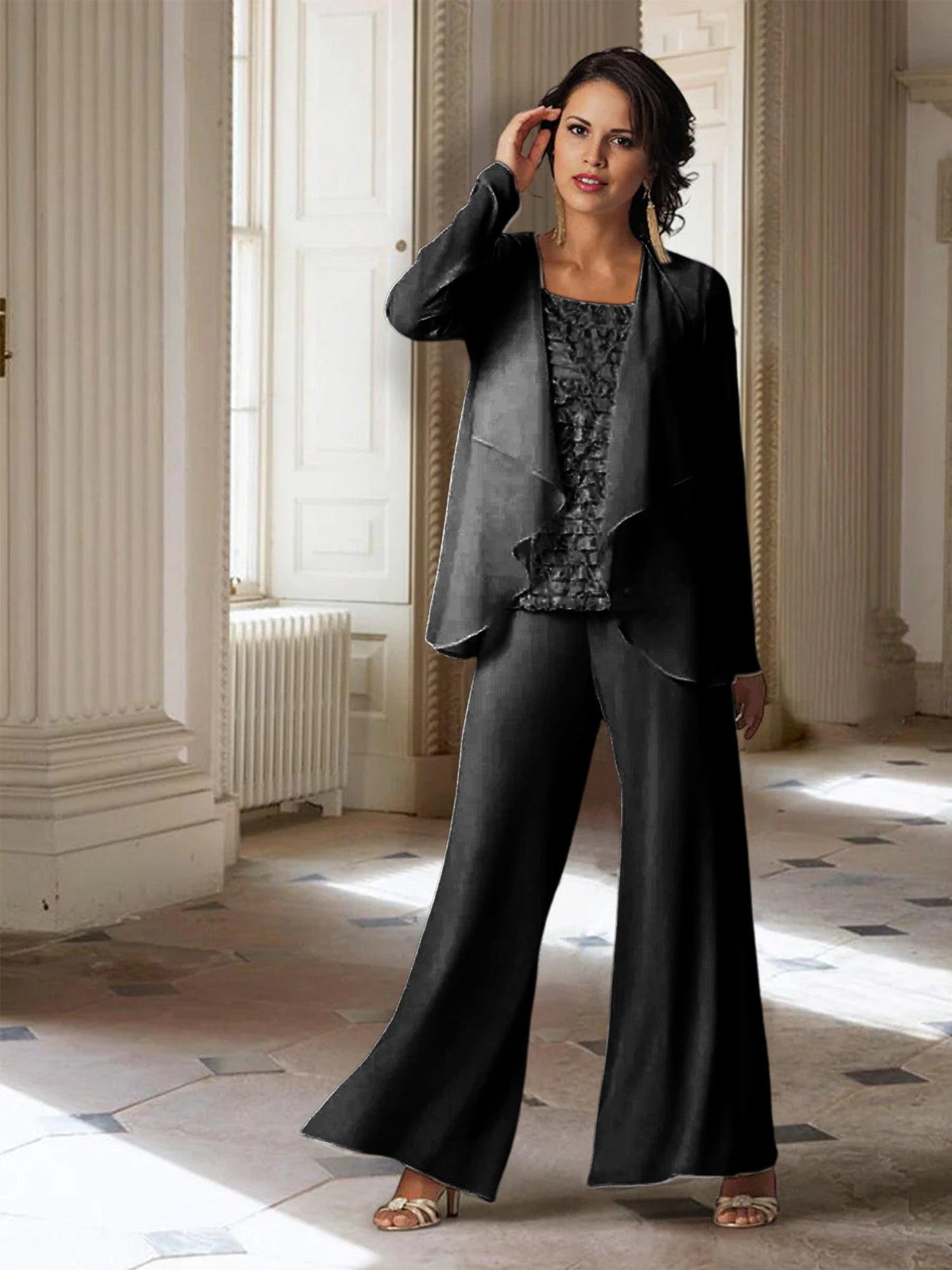 Chiffon-Hosenanzüge mit langen Ärmeln für die Mutter der Braut mit Jacke 