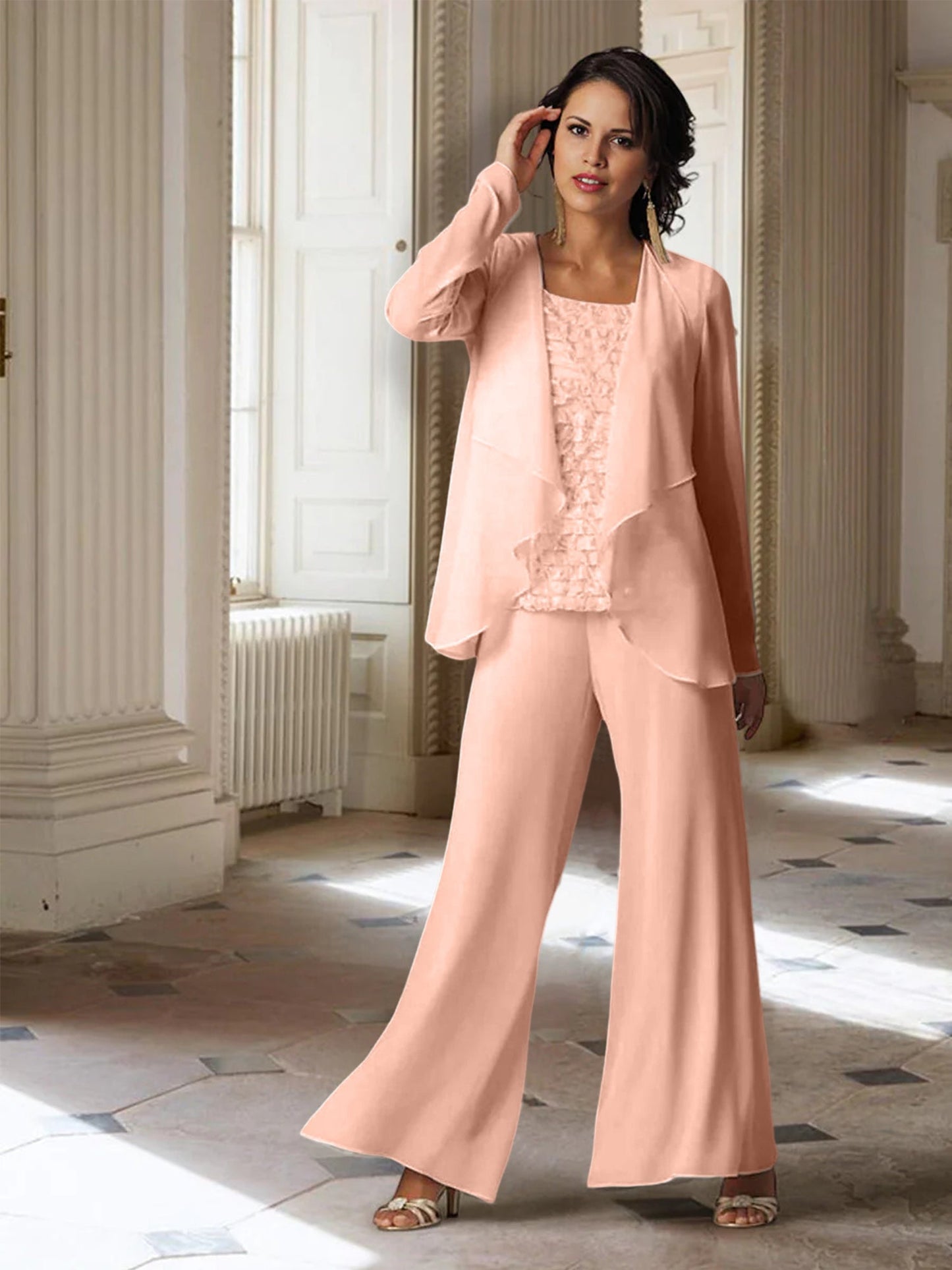 Chiffon-Hosenanzüge mit langen Ärmeln für die Mutter der Braut mit Jacke 