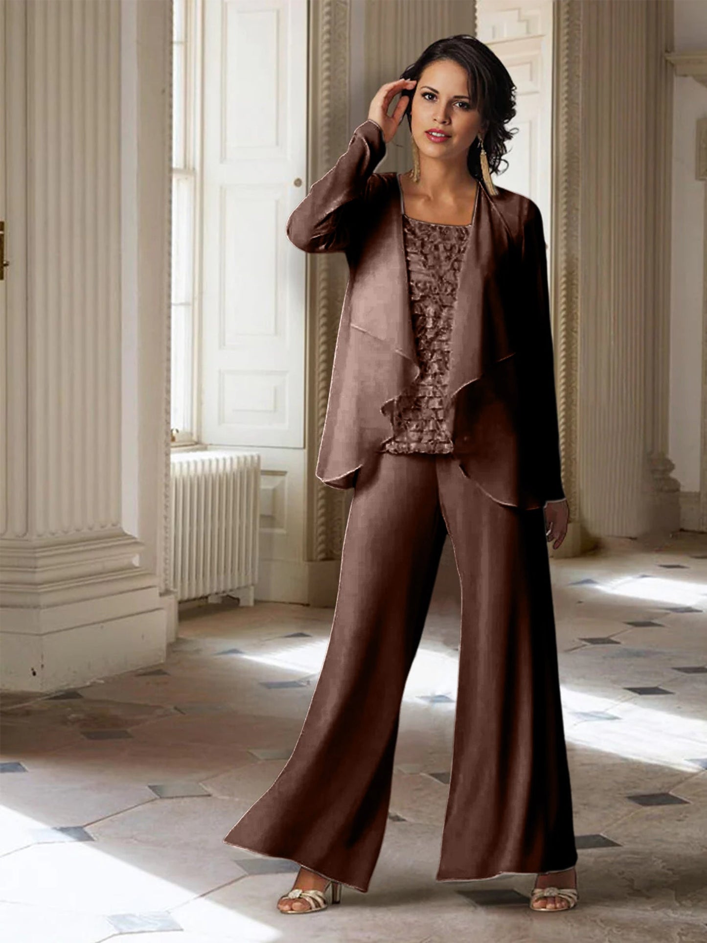Chiffon-Hosenanzüge mit langen Ärmeln für die Mutter der Braut mit Jacke 