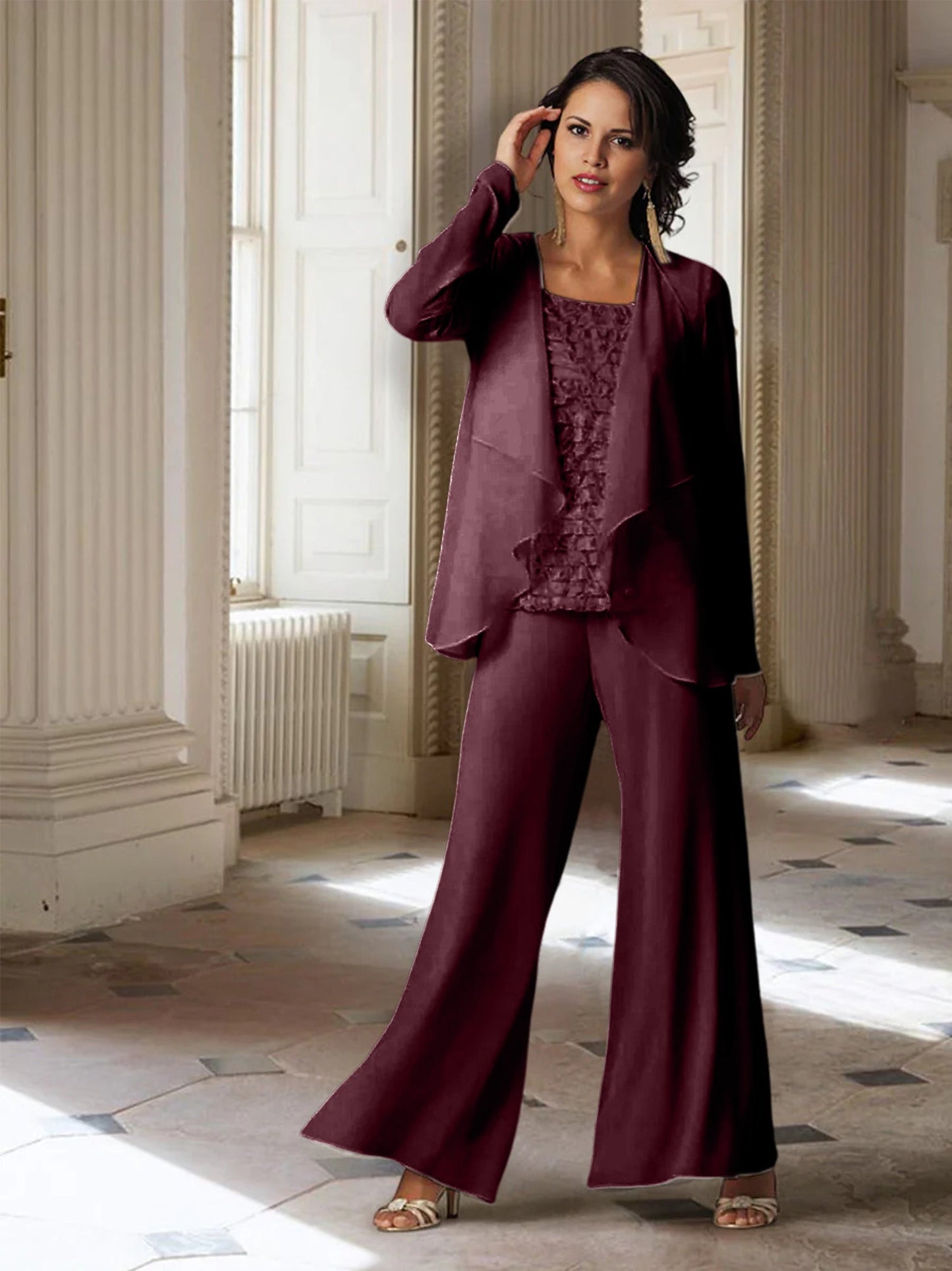 Chiffon-Hosenanzüge mit langen Ärmeln für die Mutter der Braut mit Jacke 