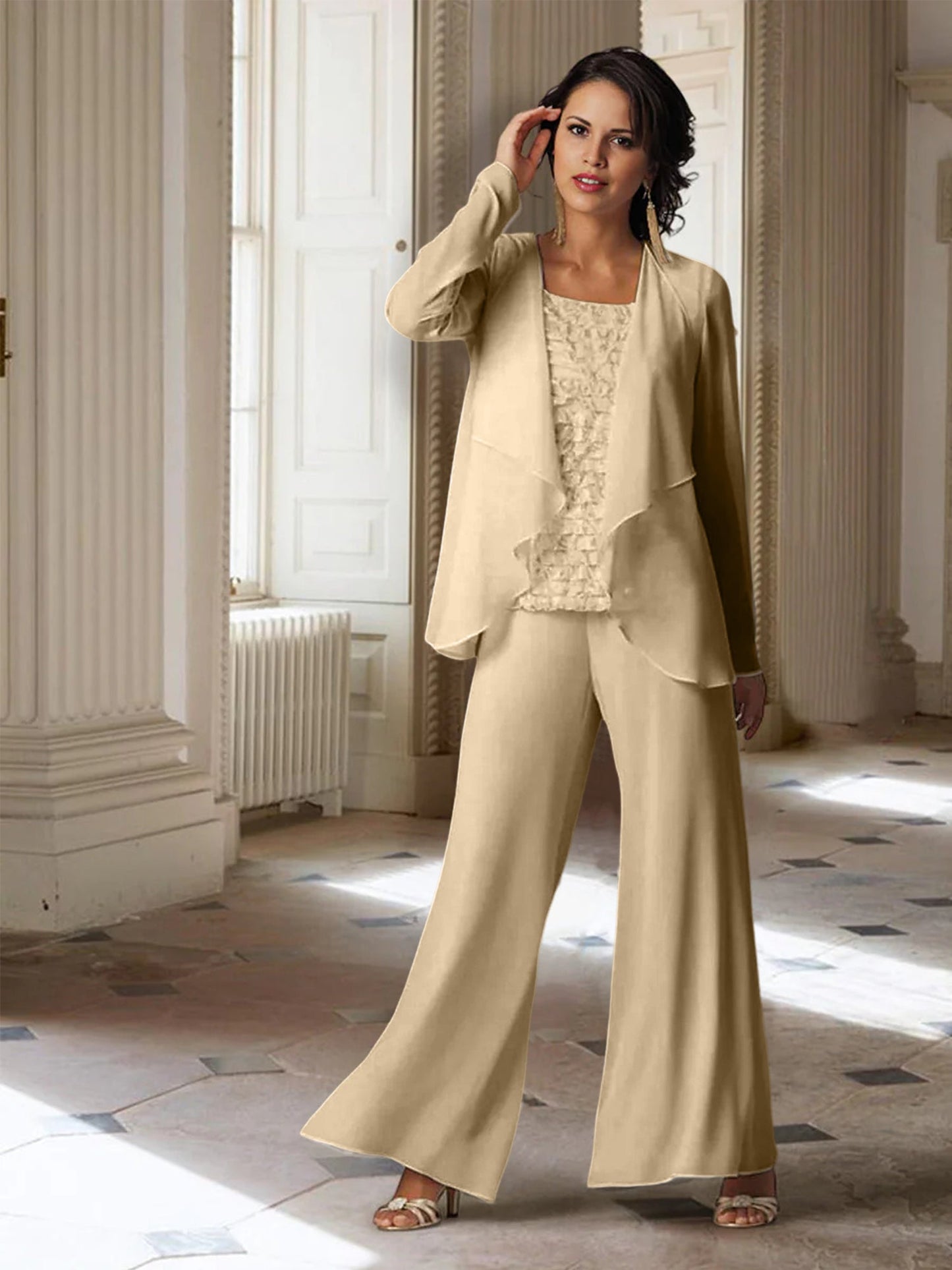 Chiffon-Hosenanzüge mit langen Ärmeln für die Mutter der Braut mit Jacke 