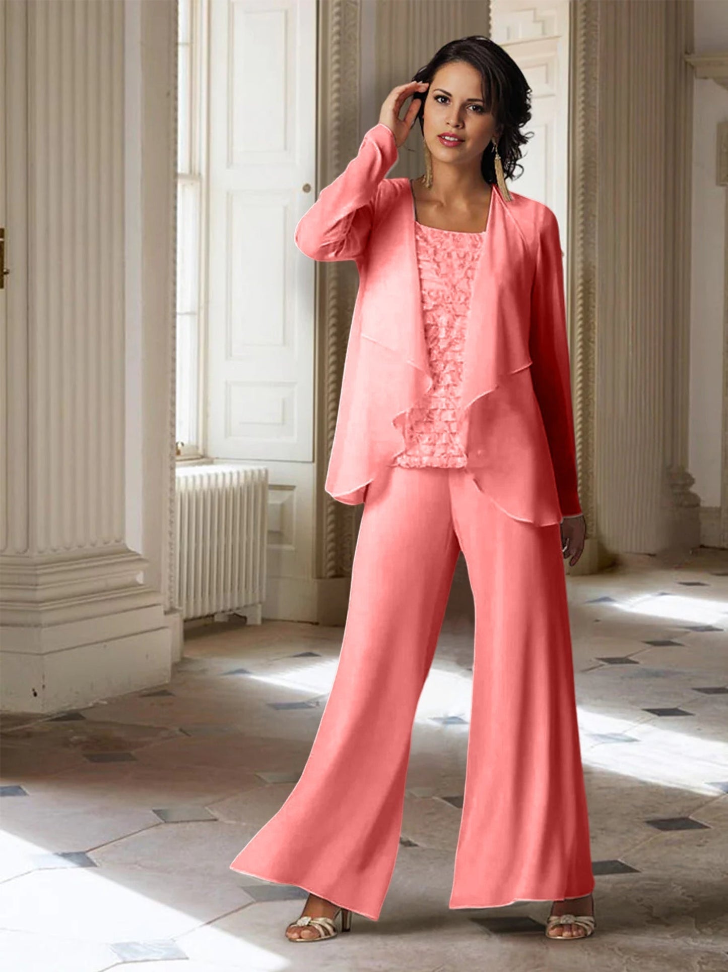 Chiffon-Hosenanzüge mit langen Ärmeln für die Mutter der Braut mit Jacke 