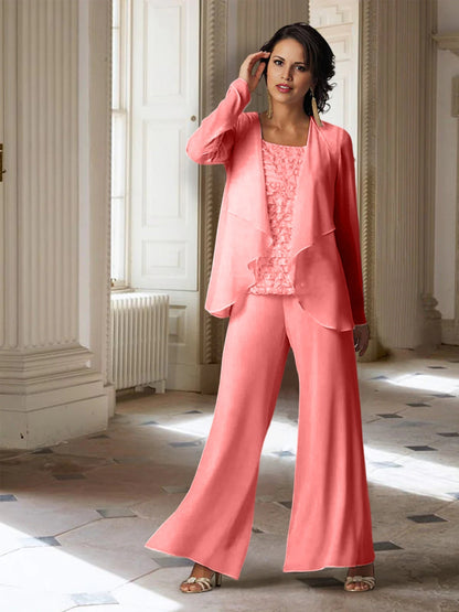 Chiffon-Hosenanzüge mit langen Ärmeln für die Mutter der Braut mit Jacke 