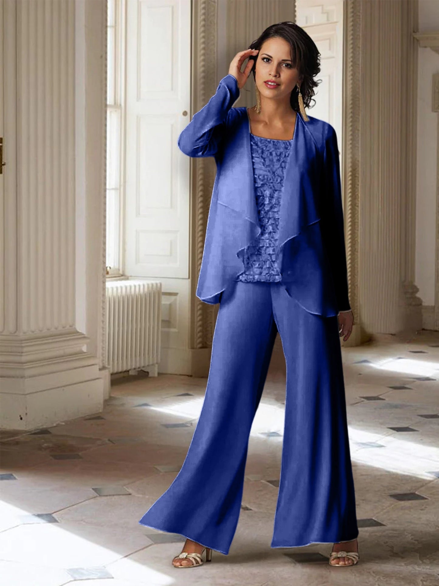 Chiffon-Hosenanzüge mit langen Ärmeln für die Mutter der Braut mit Jacke 