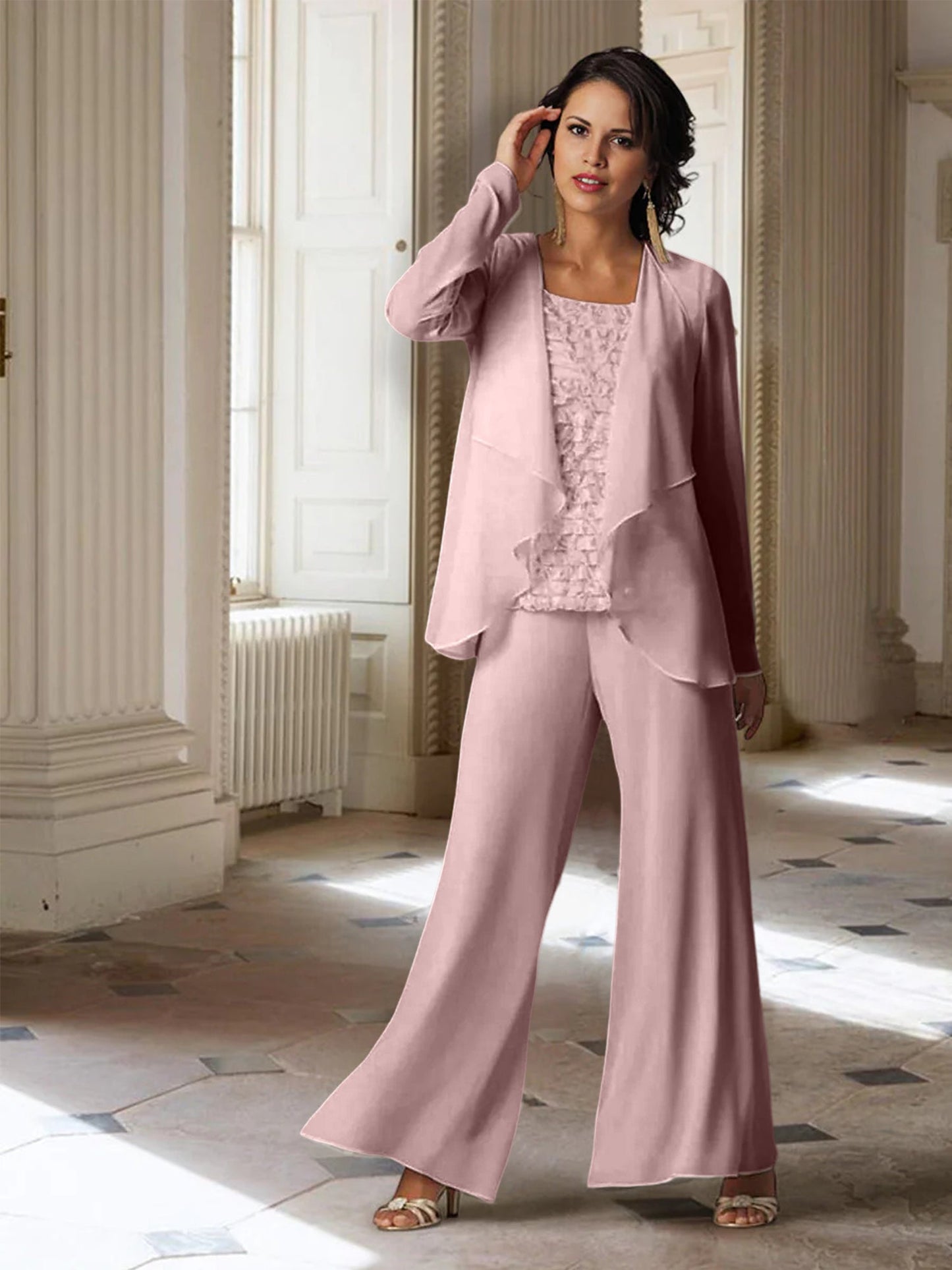 Chiffon-Hosenanzüge mit langen Ärmeln für die Mutter der Braut mit Jacke 