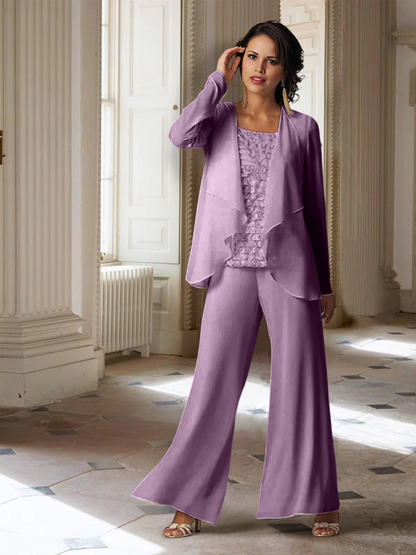 Chiffon-Hosenanzüge mit langen Ärmeln für die Mutter der Braut mit Jacke 