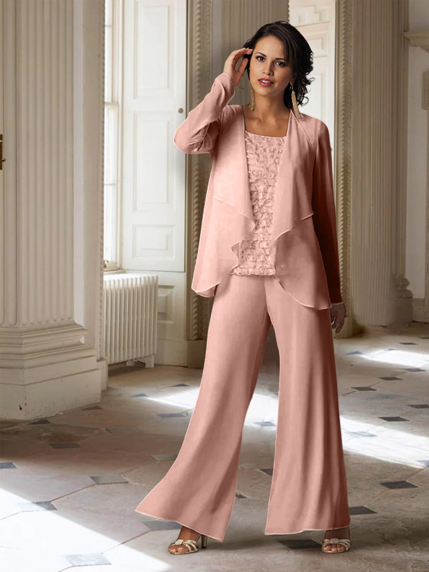 Trajes de pantalón de gasa de manga larga para madre de la novia con chaqueta