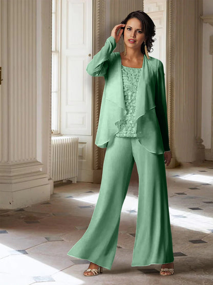 Chiffon-Hosenanzüge mit langen Ärmeln für die Mutter der Braut mit Jacke 