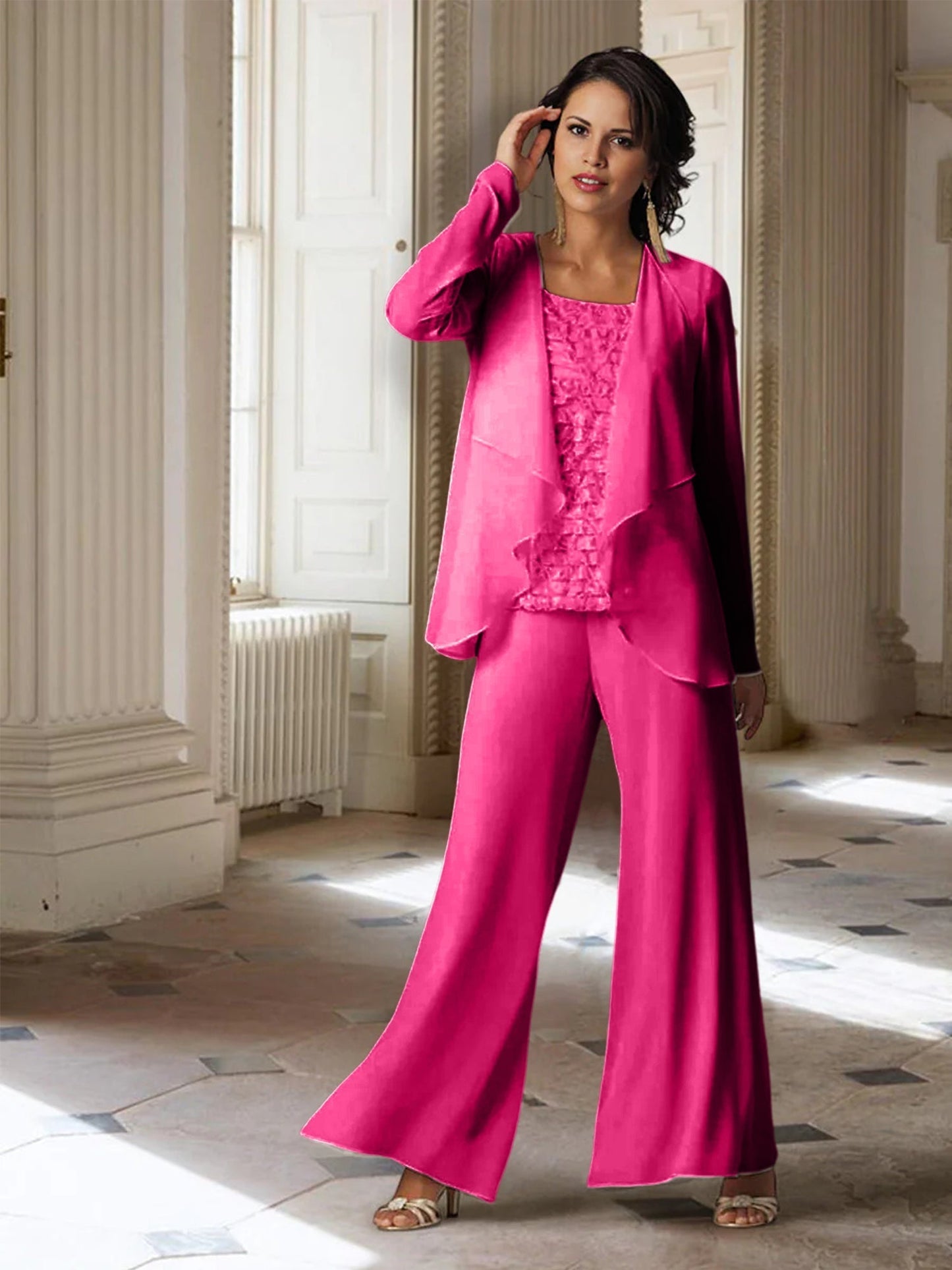 Chiffon-Hosenanzüge mit langen Ärmeln für die Mutter der Braut mit Jacke 