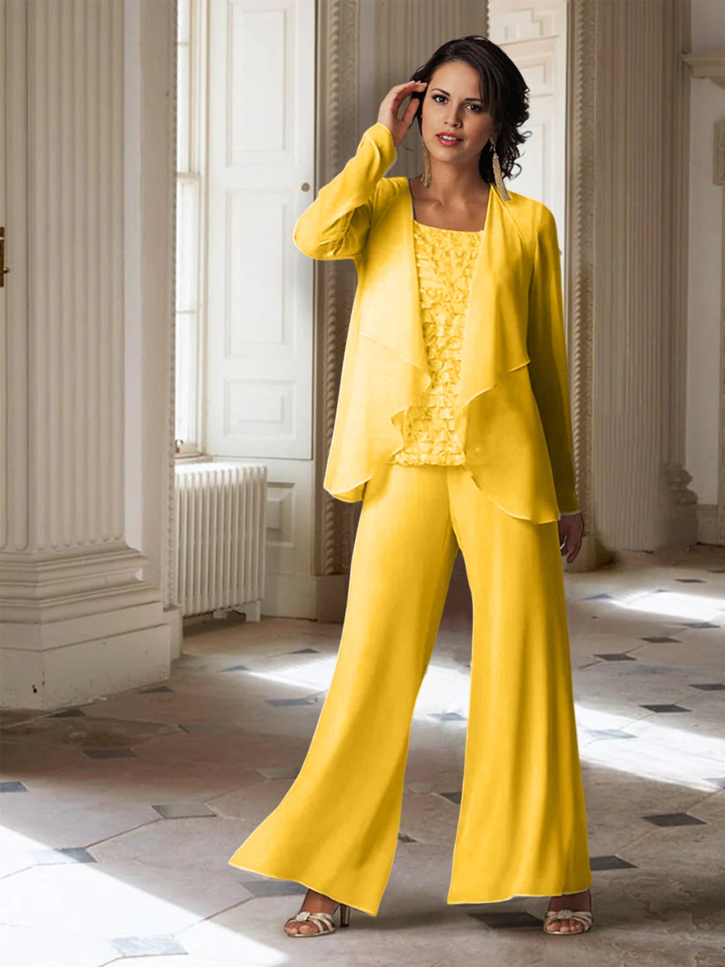 Chiffon-Hosenanzüge mit langen Ärmeln für die Mutter der Braut mit Jacke 
