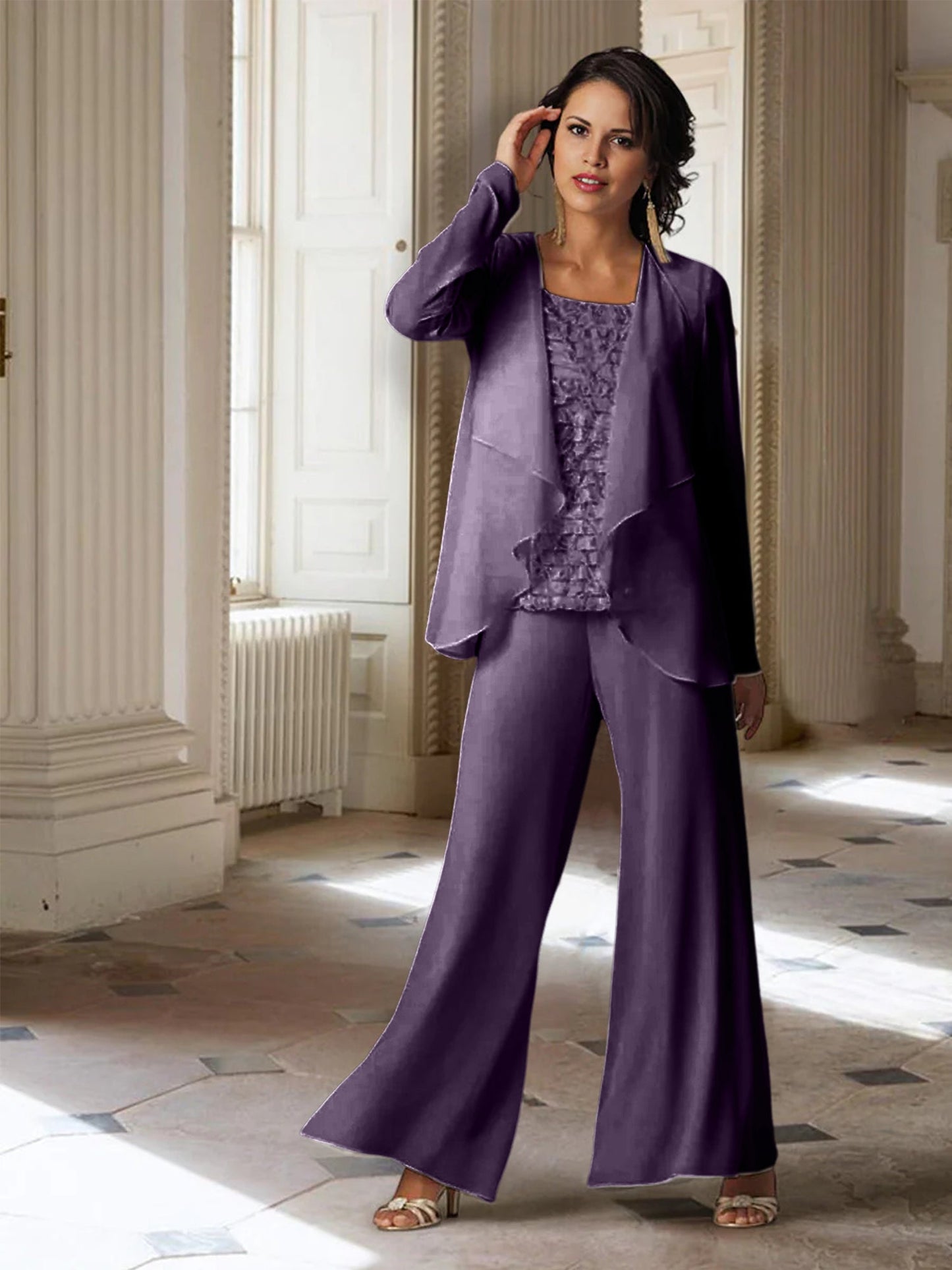 Chiffon-Hosenanzüge mit langen Ärmeln für die Mutter der Braut mit Jacke 
