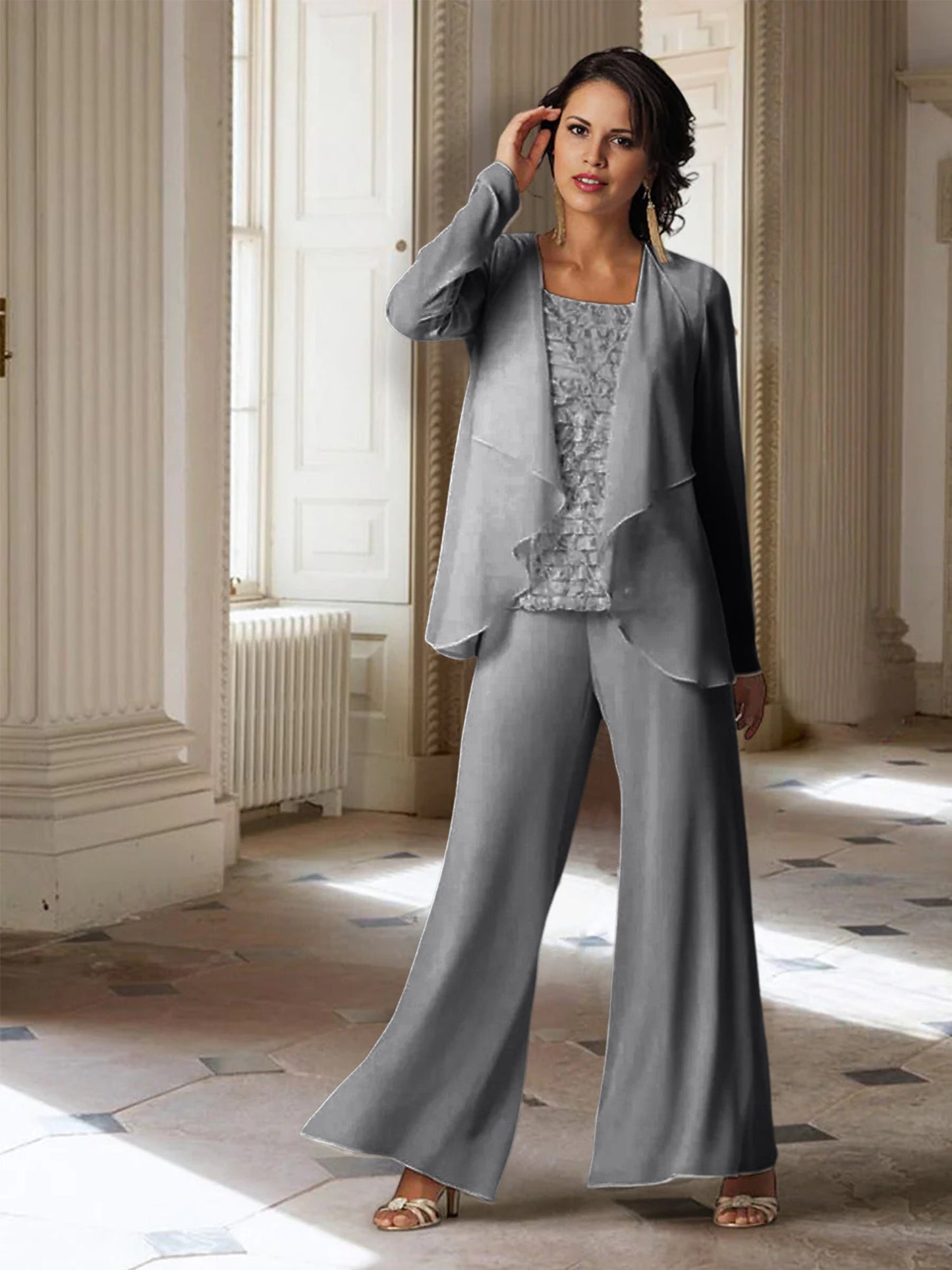 Chiffon-Hosenanzüge mit langen Ärmeln für die Mutter der Braut mit Jacke 